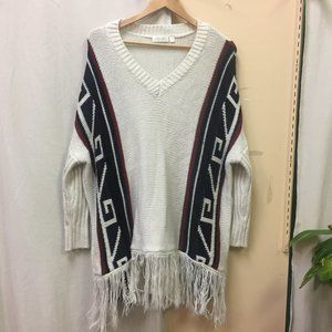 RD Style White Patterned Fringed Knit V Neck Oversize Sweater Size Small